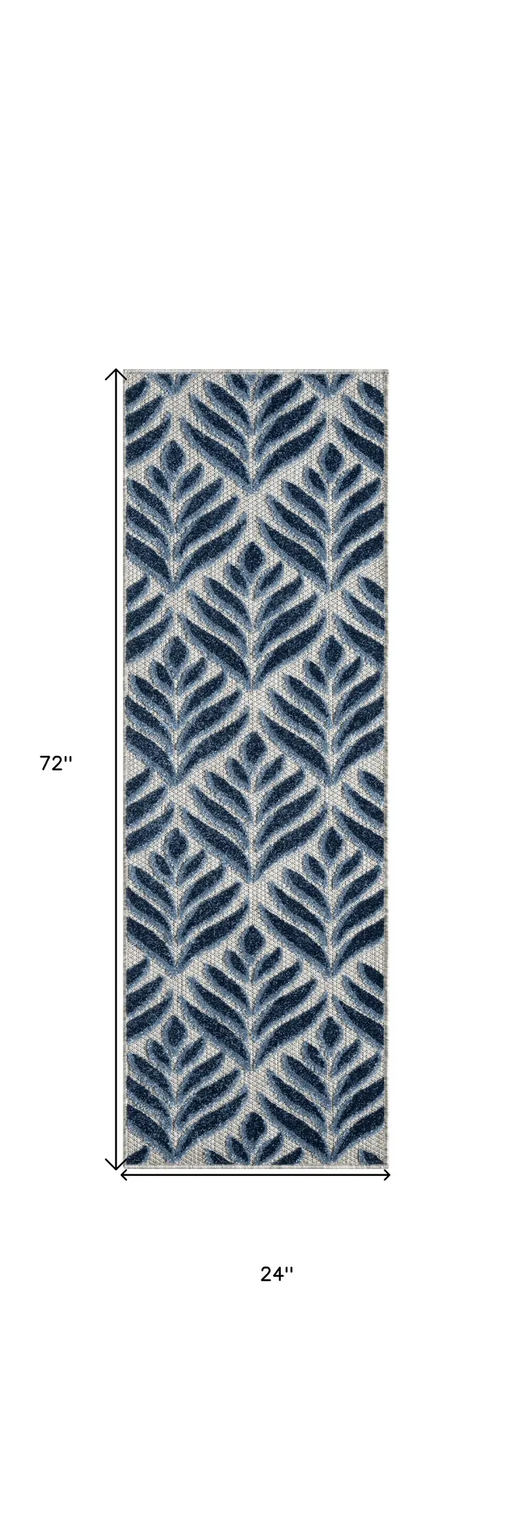 6' Blue And Gray Botanical Leaves Indoor Outdoor Runner Rug