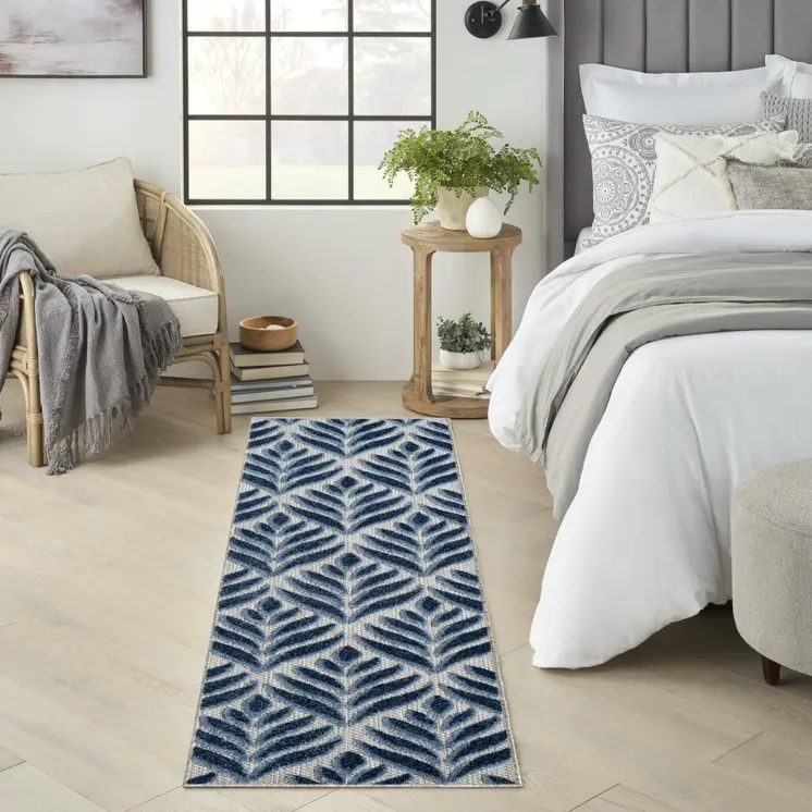 6' Blue And Gray Botanical Leaves Indoor Outdoor Runner Rug