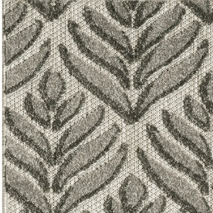 6' Charcoal And Beige Botanical Leaves Indoor Outdoor Runner Rug