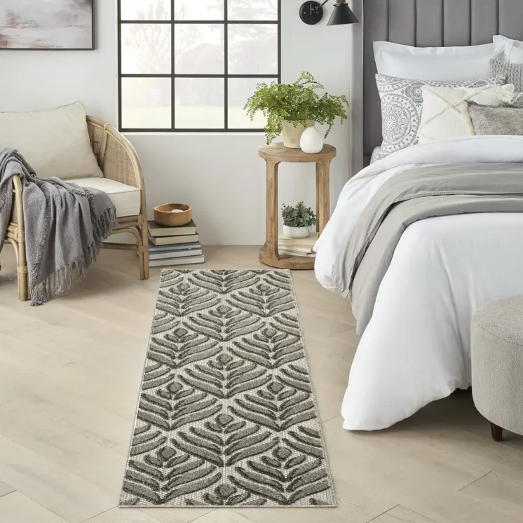 6' Charcoal And Beige Botanical Leaves Indoor Outdoor Runner Rug
