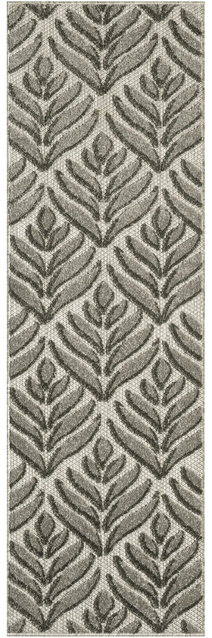 6' Charcoal And Beige Botanical Leaves Indoor Outdoor Runner Rug