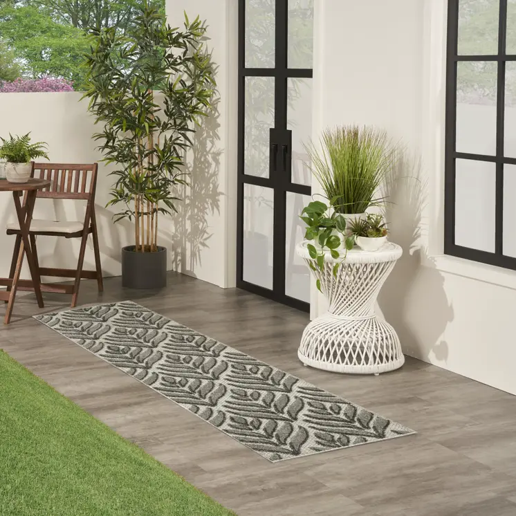 6' Charcoal And Beige Botanical Leaves Indoor Outdoor Runner Rug