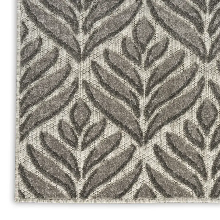 6' Charcoal And Beige Botanical Leaves Indoor Outdoor Runner Rug
