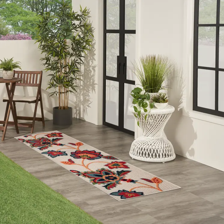 6' Red Beige Blue Orange And Red Floral Indoor Outdoor Runner Rug