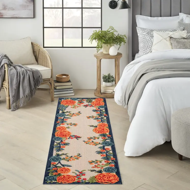 6' Red Beige Blue Orange And Red Floral Indoor Outdoor Runner Rug