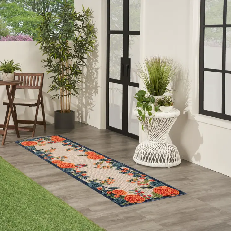 6' Red Beige Blue Orange And Red Floral Indoor Outdoor Runner Rug