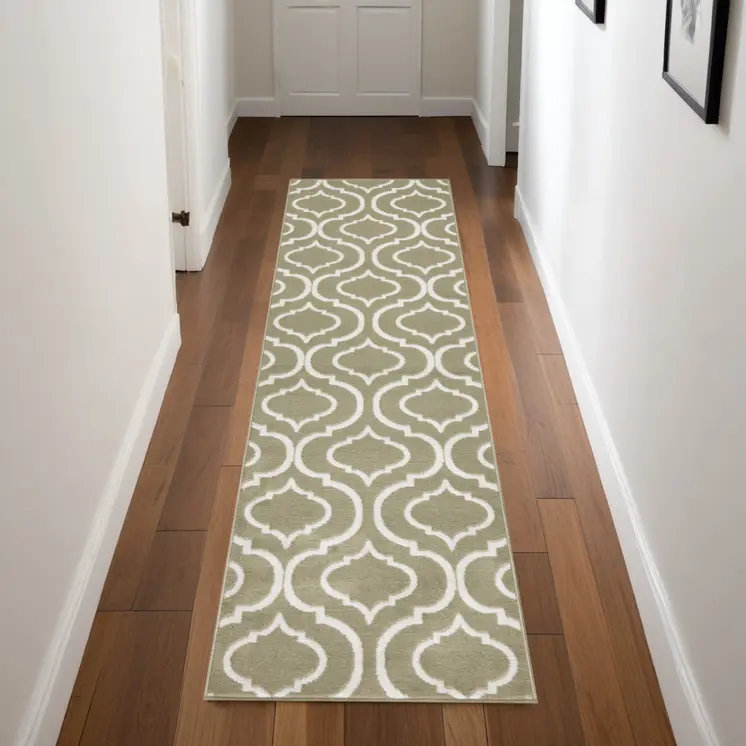 7' Olive Green and Ivory Trellis Non Skid Runner Rug