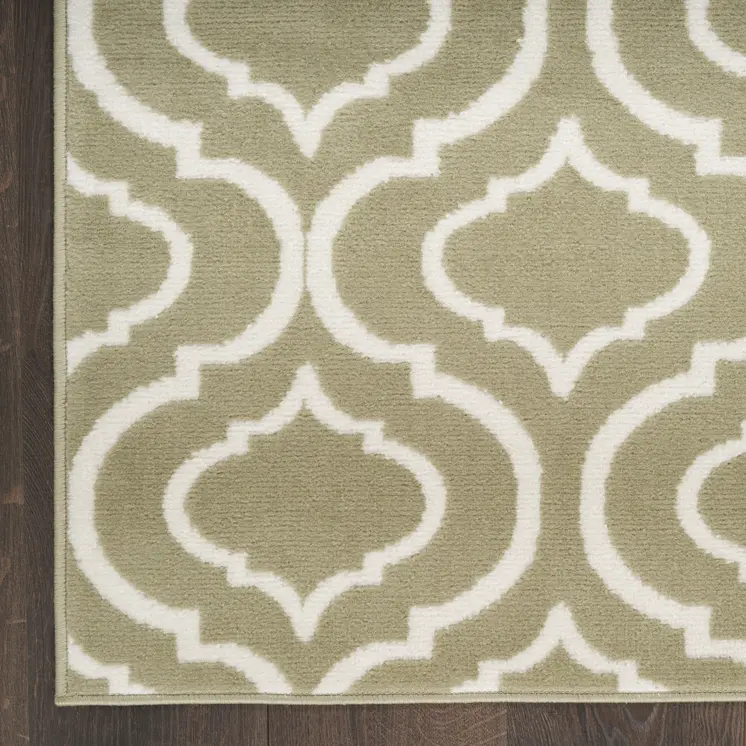 7' Olive Green and Ivory Trellis Non Skid Runner Rug