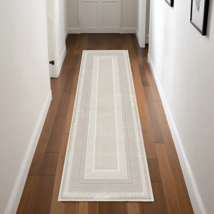 8' Gray and Ivory Geometric Non Skid Runner Rug