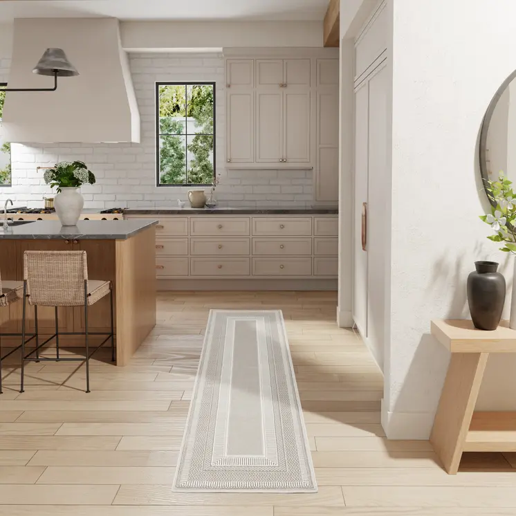 8' Gray and Ivory Geometric Non Skid Runner Rug