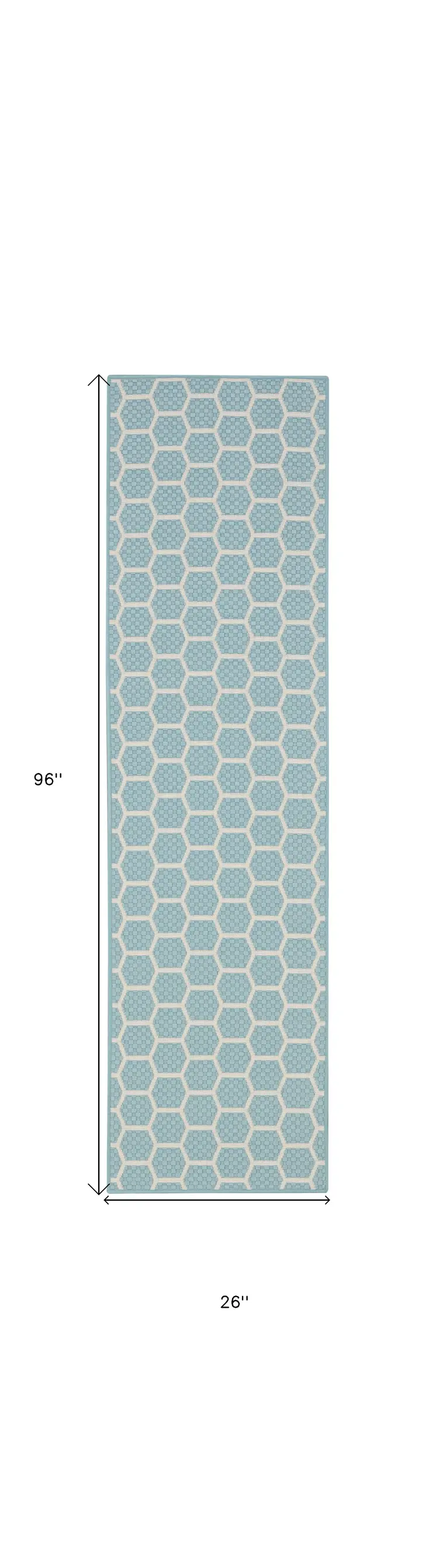 8' Aqua And Ivory Geometric Indoor Outdoor Runner Rug