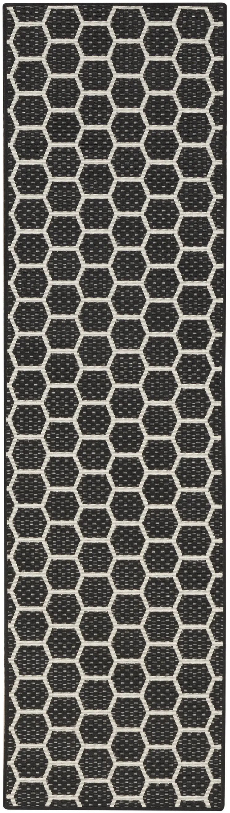 8' Black And Ivory Geometric Indoor Outdoor Runner Rug