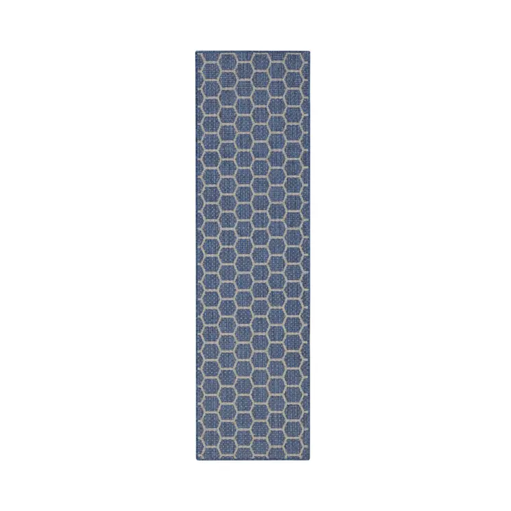 8' Blue And Ivory Geometric Indoor Outdoor Runner Rug