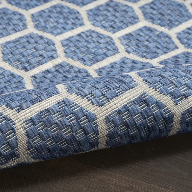 8' Blue And Ivory Geometric Indoor Outdoor Runner Rug