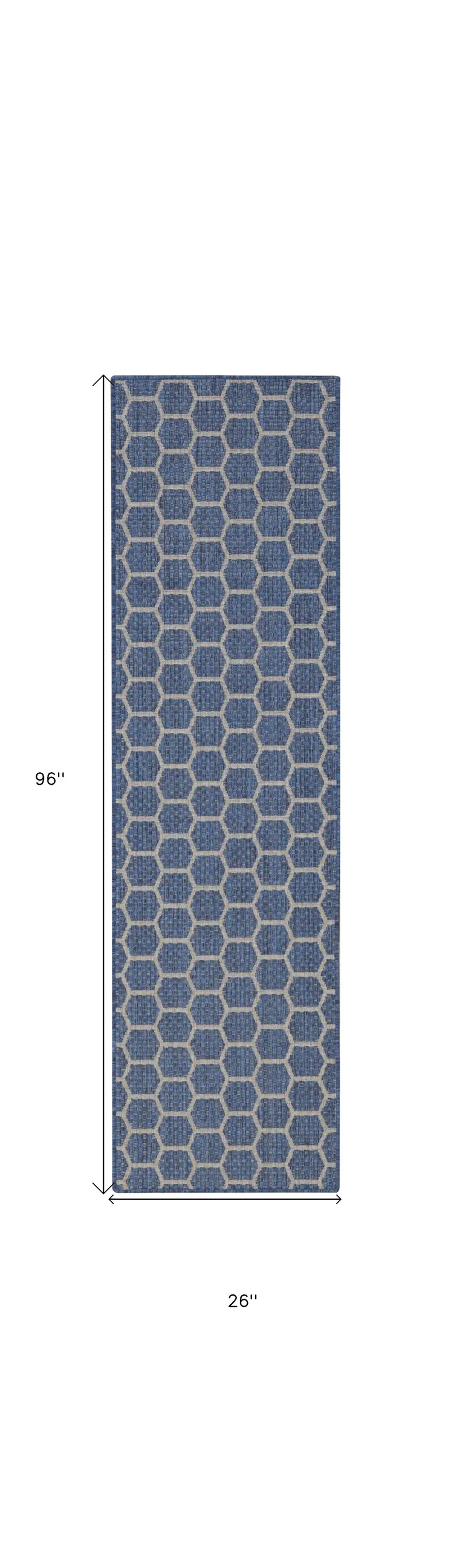 8' Blue And Ivory Geometric Indoor Outdoor Runner Rug
