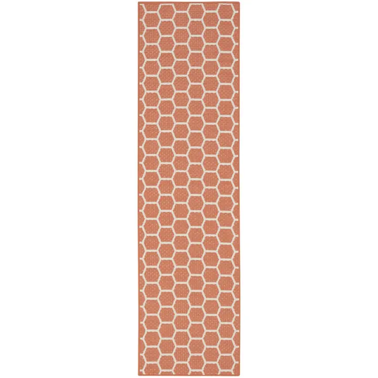 8' Coral And Ivory Geometric Indoor Outdoor Runner Rug