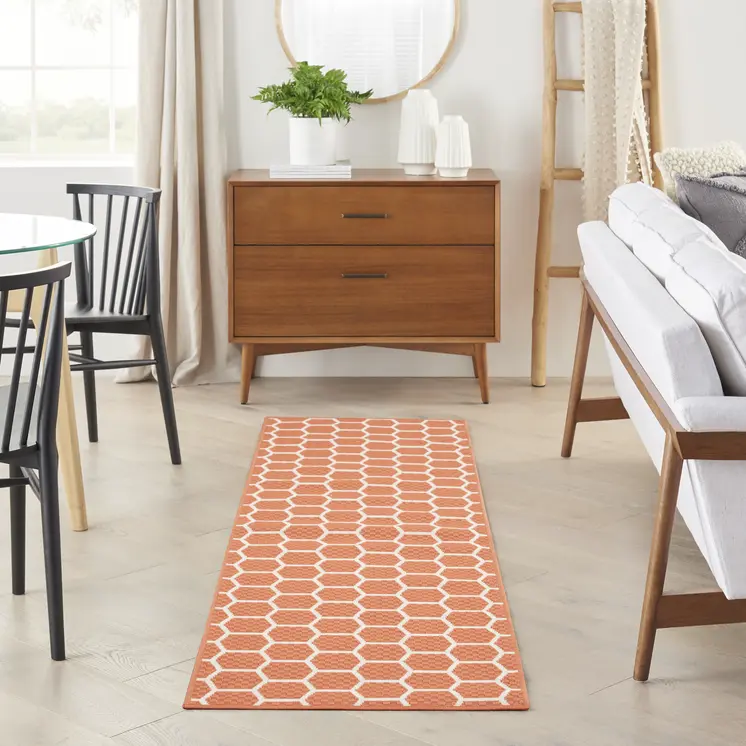 8' Coral And Ivory Geometric Indoor Outdoor Runner Rug