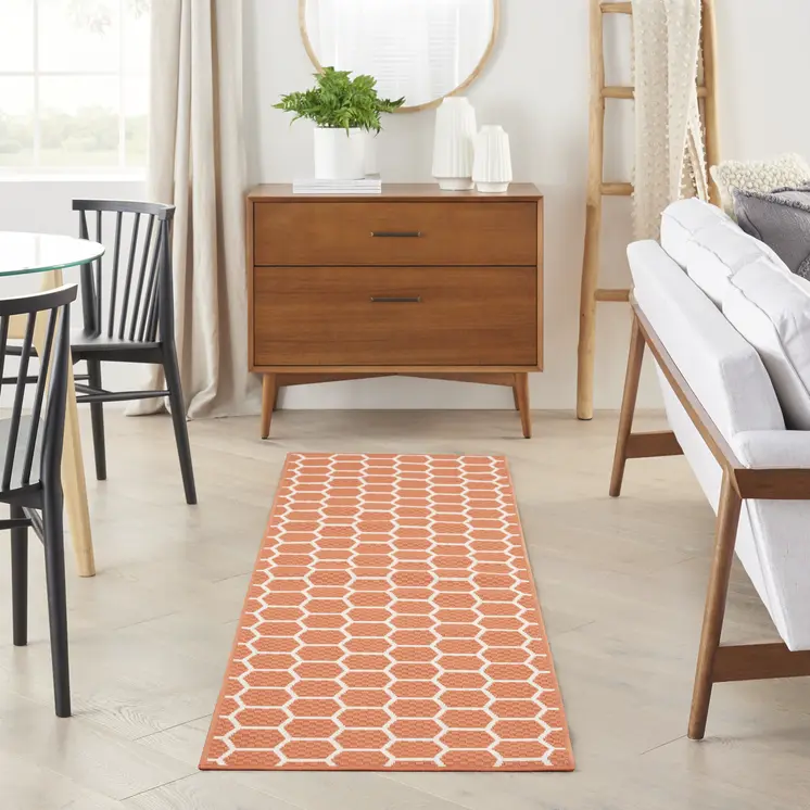 8' Coral And Ivory Geometric Indoor Outdoor Runner Rug