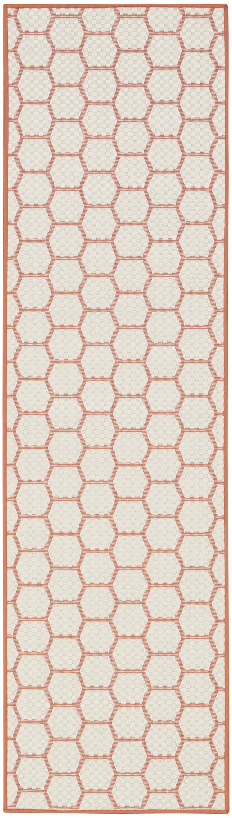 8' Coral And Ivory Geometric Indoor Outdoor Runner Rug