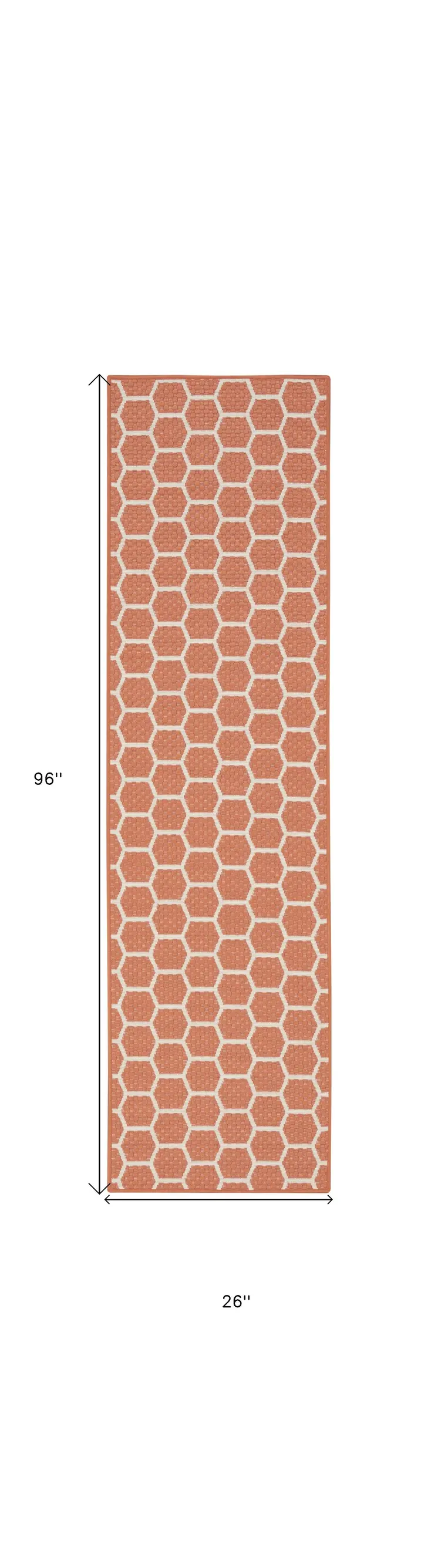 8' Coral And Ivory Geometric Indoor Outdoor Runner Rug