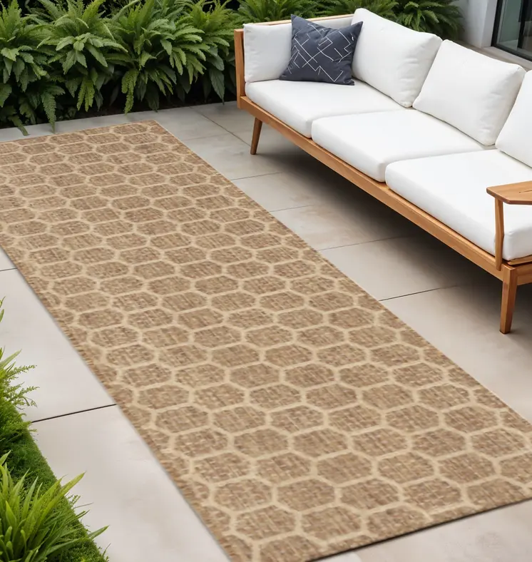 8' Natural And Beige Geometric Indoor Outdoor Runner Rug