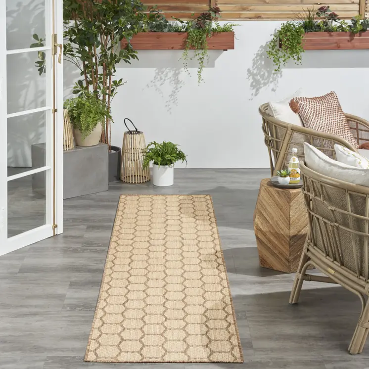 8' Natural And Beige Geometric Indoor Outdoor Runner Rug