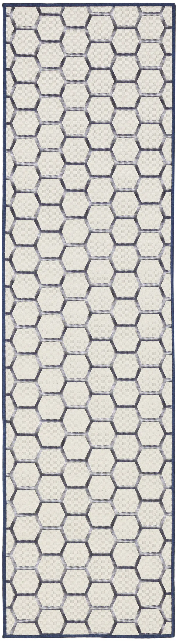 8' Navy Blue And Ivory Geometric Indoor Outdoor Runner Rug