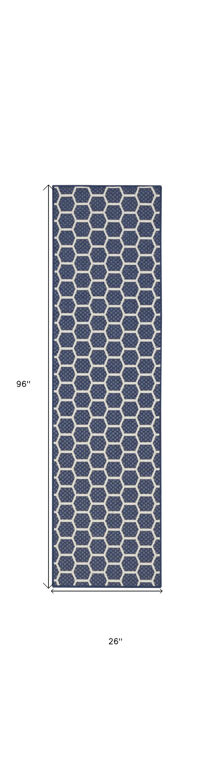 8' Navy Blue And Ivory Geometric Indoor Outdoor Runner Rug