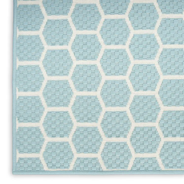 10' Aqua And White Geometric Indoor Outdoor Runner Rug