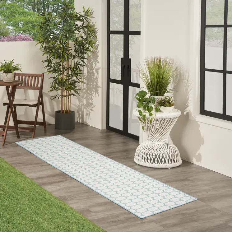 10' Aqua And White Geometric Indoor Outdoor Runner Rug