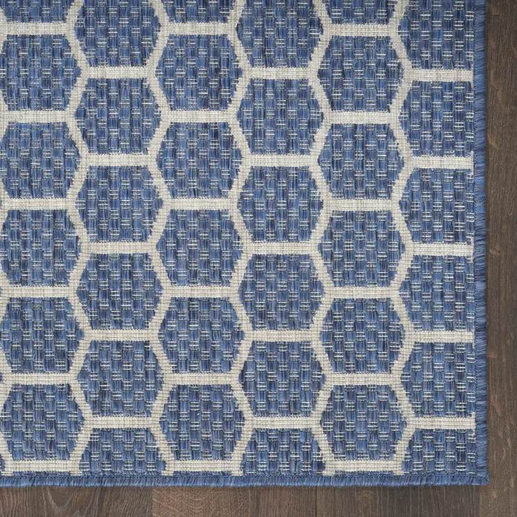10' Blue And Ivory Geometric Indoor Outdoor Runner Rug