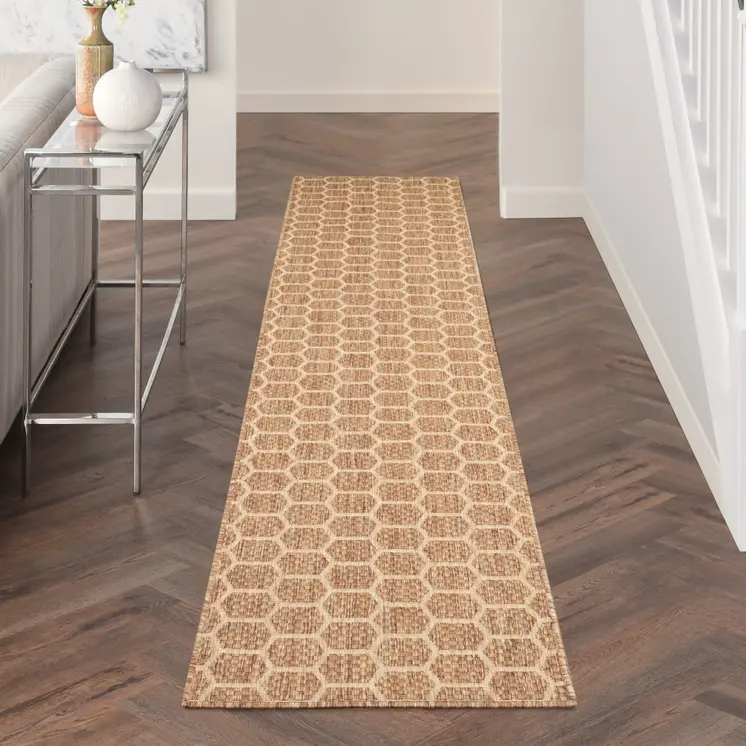 10' Natural And Beige Geometric Indoor Outdoor Runner Rug