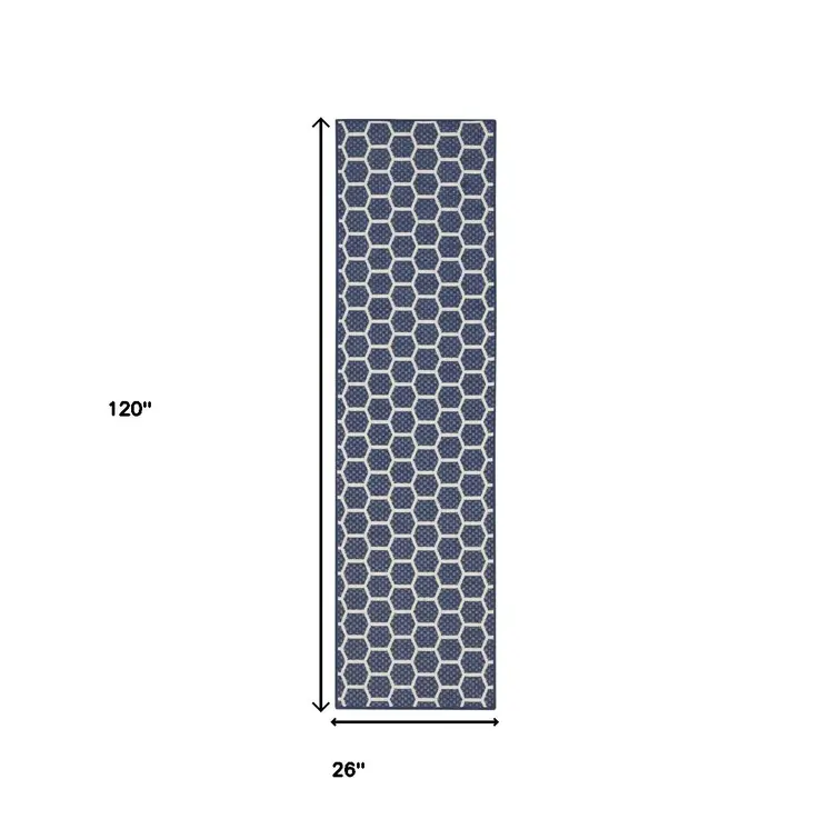10' Navy Blue And Ivory Geometric Indoor Outdoor Runner Rug
