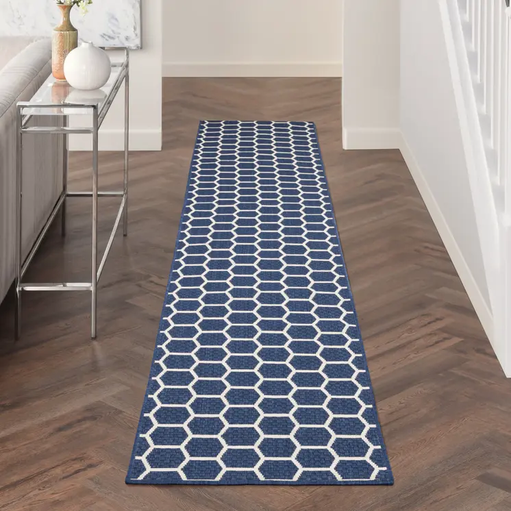 10' Navy Blue And Ivory Geometric Indoor Outdoor Runner Rug