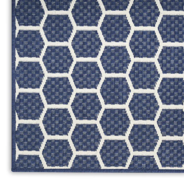10' Navy Blue And Ivory Geometric Indoor Outdoor Runner Rug