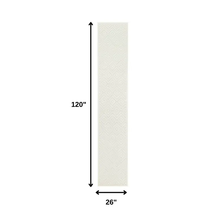 10' Ivory And White Geometric Indoor Outdoor Runner Rug