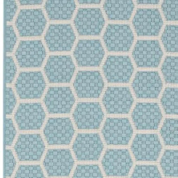 12' Aqua And Ivory Geometric Indoor Outdoor Runner Rug