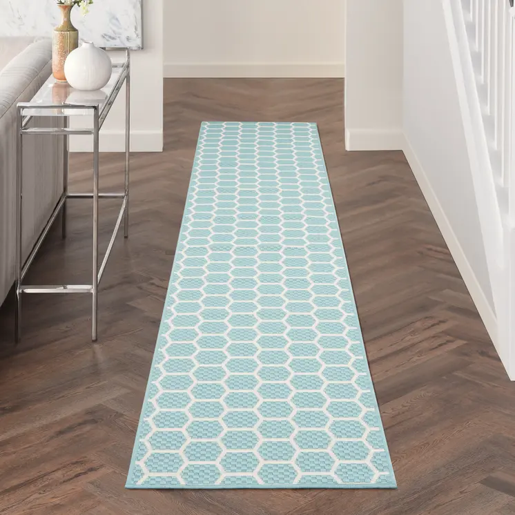 12' Aqua And Ivory Geometric Indoor Outdoor Runner Rug