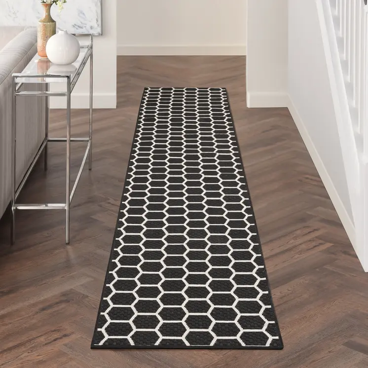 12' Black And Ivory Geometric Indoor Outdoor Runner Rug