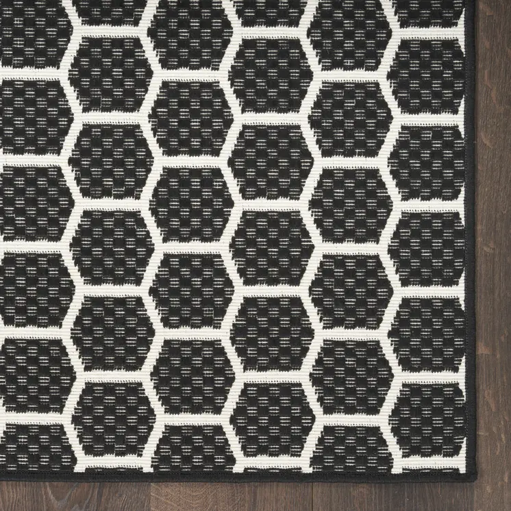 12' Black And Ivory Geometric Indoor Outdoor Runner Rug