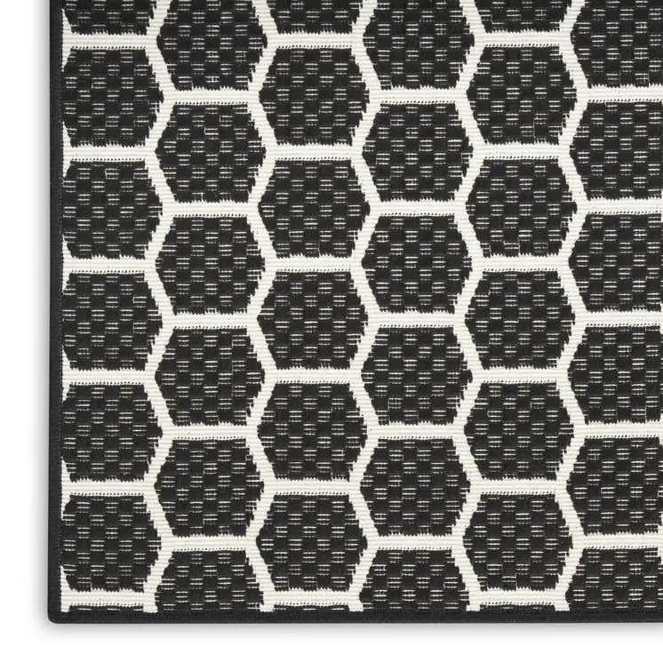 12' Black And Ivory Geometric Indoor Outdoor Runner Rug