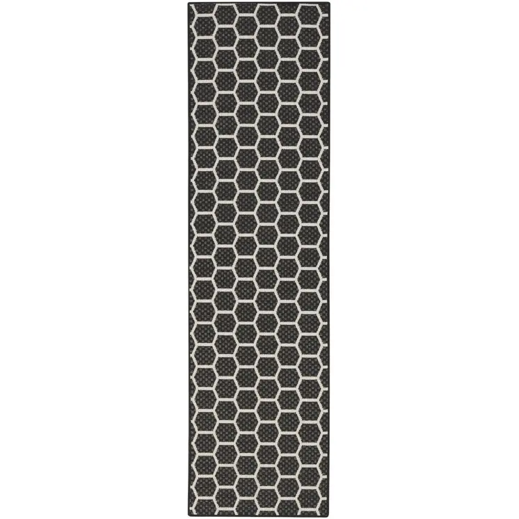 12' Black And Ivory Geometric Indoor Outdoor Runner Rug