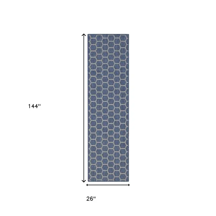 12' Blue And Ivory Geometric Indoor Outdoor Runner Rug