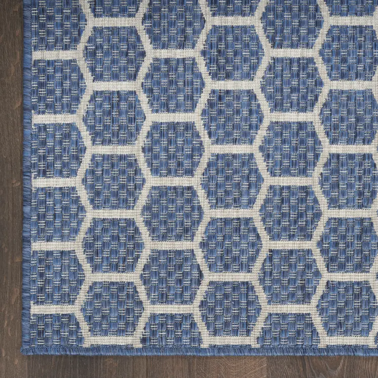 12' Blue And Ivory Geometric Indoor Outdoor Runner Rug