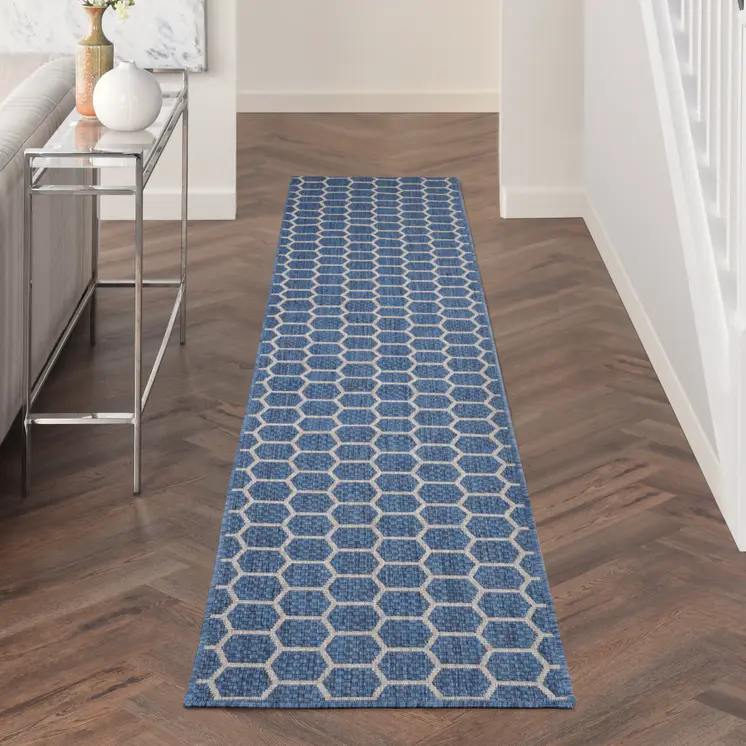 12' Blue And Ivory Geometric Indoor Outdoor Runner Rug