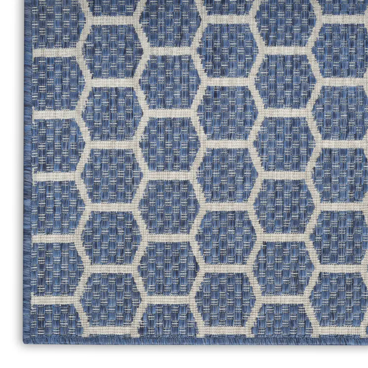 12' Blue And Ivory Geometric Indoor Outdoor Runner Rug