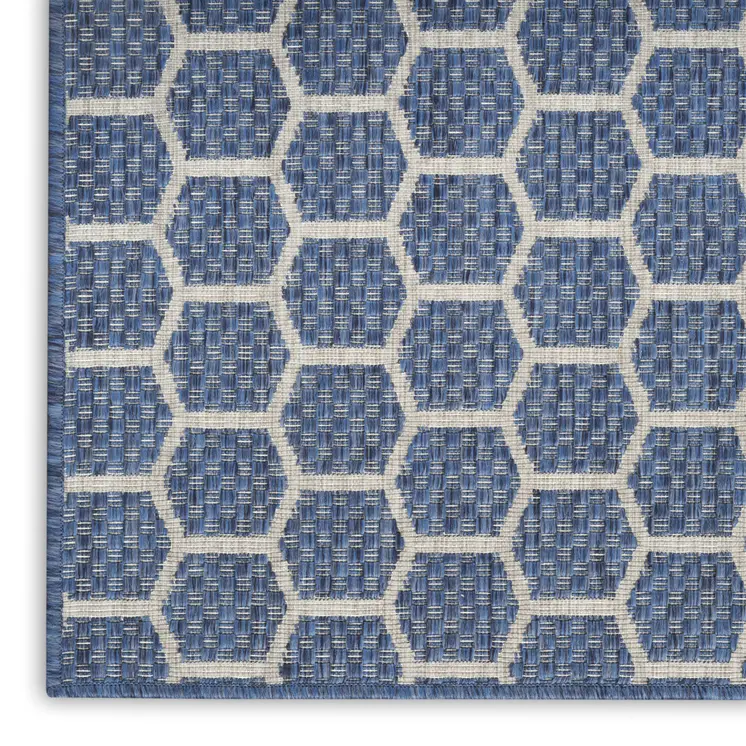 12' Blue And Ivory Geometric Indoor Outdoor Runner Rug