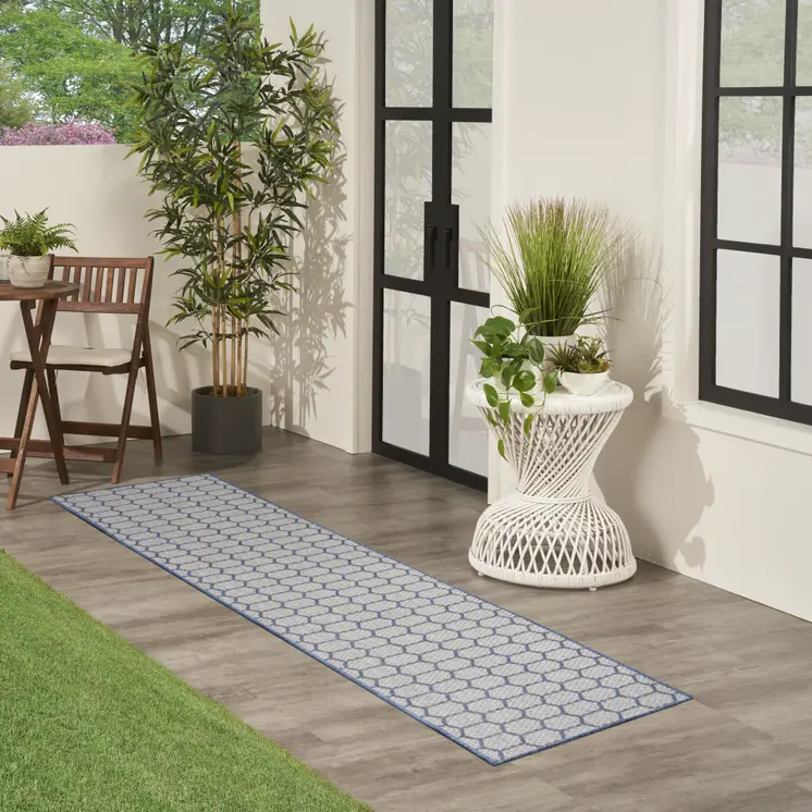 12' Blue And Ivory Geometric Indoor Outdoor Runner Rug