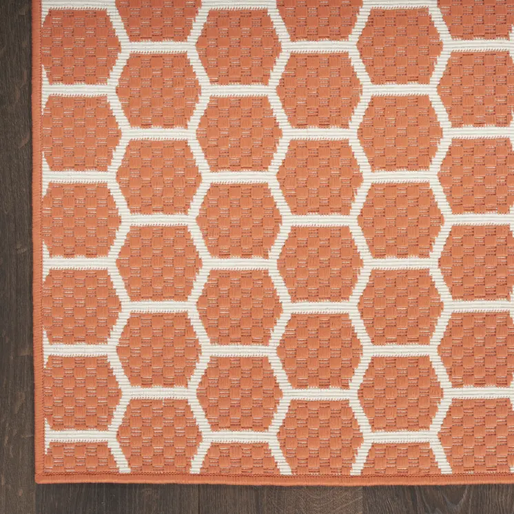 12' Coral And Ivory Geometric Indoor Outdoor Runner Rug