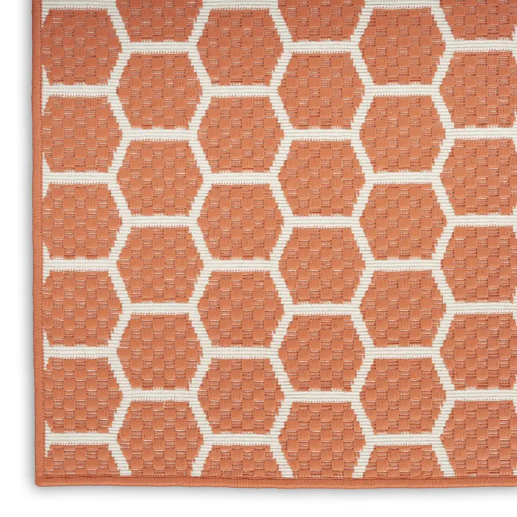 12' Coral And Ivory Geometric Indoor Outdoor Runner Rug
